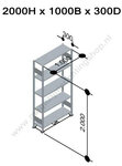 13130-B-Basisset legbordstelling - ca. 2000x1000x300mm/5 legborden/RAL5010 blauw+sendzimir verzinkt/85kg/kruisschoor