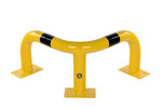 Stalen hoekbeschermbeugel 40-10 voor vloermontage/hoogte 350 mm/lengte 600 mm/diameter 76 mm/voetplaat 120x195 mm/geel-zwart
