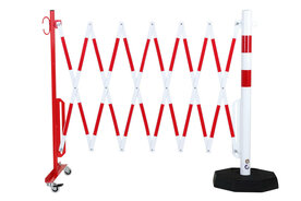 Schaarhek met afzetpaal 70-75 van staal/hoogte 1050 mm/met verrijdbare voetplaat/buisdiameter 60 mm/rood-wit met aan beide zijden reflecterende gevarenmarkering/lengte uittrekbaar tot 3600 mm