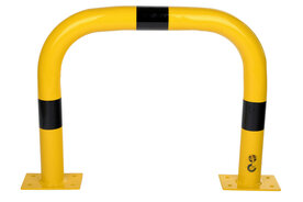 Stalen beschermbeugel 30-40 voor vloermontage/hoogte 600 mm/breedte 750 mm/diameter 76 mm/voetplaat 120x195 mm/geel-zwart