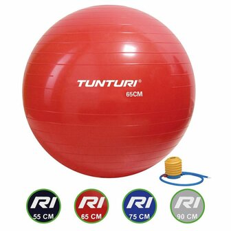 Tunturi Fitnessbal - Gymball - Swiss ball - &Oslash; 65 cm - Inclusief pomp - Rood