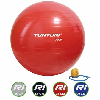 Tunturi Fitnessbal- Gymball - Swiss ball - &Oslash; 75 cm - Inclusief pomp - Rood