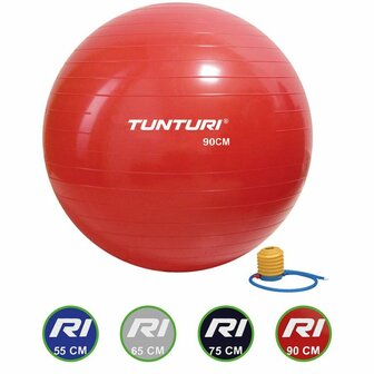 Tunturi Fitnessbal - Gymball - Swiss ball - &Oslash; 90 cm - Inclusief pomp - Rood