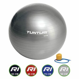 Tunturi Fitnessbal - Gymball - Swiss ball - &Oslash; 90 cm - Inclusief pomp - Zilver