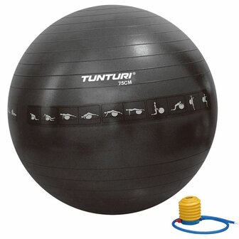 Tunturi Fitnessbal - Gymball - Swiss ball -  &Oslash; 75 cm - Anti burst - Inclusief pomp - Zwart