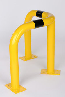 Stalen hoekbeschermbeugel 40-20- voor vloermontage/hoogte 600 mm/lengte 600 mm/diameter 76 mm/voetplaat 120x195 mm/geel-zwart