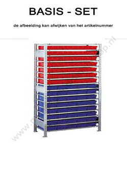 12727-Basisset kleine onderdelenstelling-2  - ca. 2000x1000x300mm/15 niveaus legborden met systeembakken rood en blauw en 1 afdekbord/sendzimir verzinkt/150kg legbordbelasting