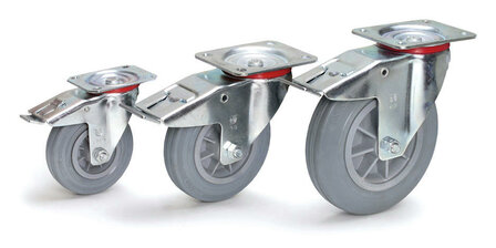Zwenkwielen met rem streeploos rubber 71112, draagvermogen 100 kg, wiel &Oslash; x breedte 125x38 mm, Fetra