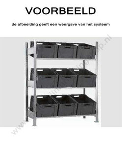 13697-Basisset schuine legbordenstelling - ca. 2000x1000x600mm/3 schuine niveaus legborden/voor containers en kratten/sendzimir verzinkt/150kg legbordbelasting