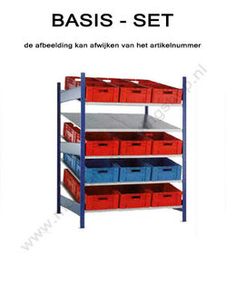 38860-Basisset schuine legbordenstelling XL - ca. 2000x1300x1200mm/5 schuine niveaus met elk 2 MULTIplus150 legborden/voor containers en kratten/sendzimir verzinkt/max. 200kg  legbordbelasting per niv