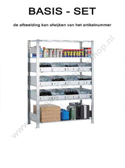 14271-Basisset kleine onderdelenstelling  - ca. 2000x1000x400mm/met legborden en bulkproductbakken/eenzijdig bedienbaar/sendzimir verzinkt/150kg legbordbelasting