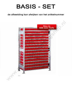 12723-Basisset kleine onderdelenstelling-1  - ca. 2000x1000x400mm/15 niveaus legborden met systeembakken rood en 1 afdekbord/sendzimir verzinkt/150kg legbordbelasting