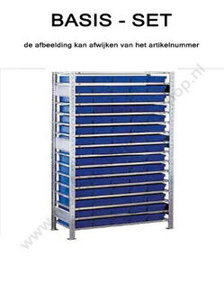 12796-Basisset kleine onderdelenstelling-3  - ca. 2000x1000x400mm/15 niveaus legborden met systeembakken blauw en 1 afdekbord/sendzimir verzinkt/150kg legbordbelasting