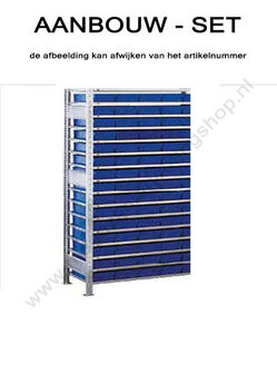 12797-Aanbouwset kleine onderdelenstelling-3  - ca. 2000x1000x400mm/15 niveaus legborden met systeembakken blauw en 1 afdekbord/sendzimir verzinkt/150kg legbordbelasting