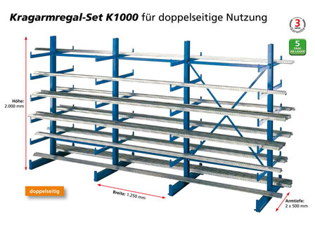 14497-Basisset draagarmstelling K 1000 - ca. 2000x5000x(2x)500mm/10 aangelaste draagarmen/RAL5010 blauw/200kg/kruisschoor
