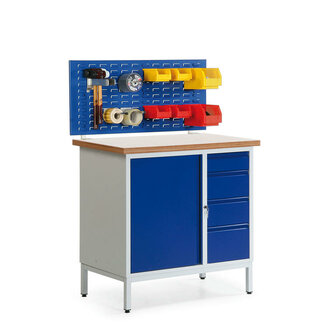 Kleine compacte werkbank stationair  51-2208-33, afmetingen 935x950x560 mm (hxbxd), met 4 schuifladen en sleufenplaat, Taurotec