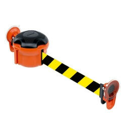 Riemcassette Morion/riem 9 meter/voor binnengebruik/om snel en effectief een gebied af te spannen/drie verschillende bevestigingswijzen/geel-zwart