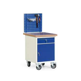 Werkplaats-trolley met 35 mm multiplexwerkblad en gatenplaat 17-1237, afmetingen 1250x550x650 (hxbxd) mm, Taurotec