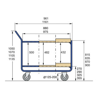 Tafelwagen 11-1063, met 3 laadvlakken en bordlijst van staal, laadvlak 800x500 mm, Rotauro