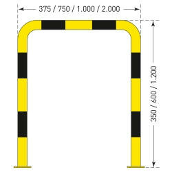 Stalen beschermbeugel Black Bull voor binnen- en buitengebruik/hoogte 1200 mm/breedte 750 mm/diameter 76 mm/met voetplaat voor vloermontage/geel-zwart