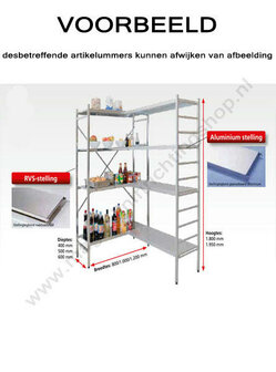 18956-Basisset levensmiddelenstelling - ca. 1950x800x500mm/4 legborden/geanodiseerd aluminium/150kg/kruisschoor