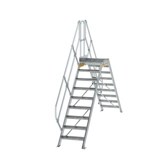 Aluminium brugtrap 45&deg;  - totale hoogte 3.035 mm/hoogte onder platform 1.760 mm/aantal treden 2x9/breedte treden 600 mm/treden en platform gemaakt van gegolfd aluminium R 9