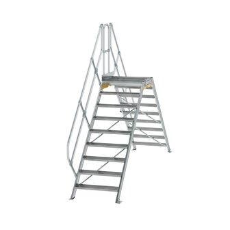 Aluminium brugtrap 45&deg;  - totale hoogte 3.035 mm/hoogte onder platform 1.760 mm/aantal treden 2x9/breedte treden 800 mm/treden en platform gemaakt van gegolfd aluminium R 9