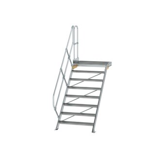 Aluminium vaste trap met platform 45&deg;  - loodrechte hoogte 1.670 mm/aantal treden 8/breedte treden 1.000 mm/treden en platform gemaakt van gegolfd aluminium R 9