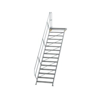 Aluminium vaste trap met platform 45&deg;  - loodrechte hoogte 3.120 mm/aantal treden 15/breedte treden 1.000 mm/treden en platform gemaakt van gegolfd aluminium R 9