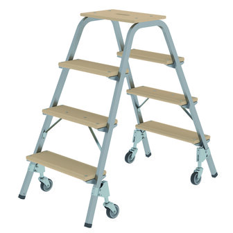 Stalen opstap met houten treden  - werkhoogte 2.80 m/platformhoogte 970 mm/aantal treden 4/treden gemaakt van hout/met 4 zwenkwielen