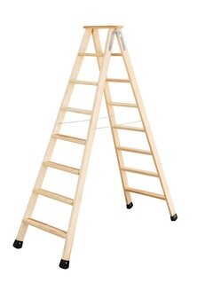 Houten trap tweezijdig oploopbaar - werkhoogte 3.410 mm/ladder lengte 2.140 mm/aantal treden 2x8/belastbaar tot 150 kg