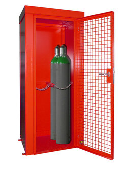 Gasflessen-Container type GFC-B M1 gelakt - ca. 2120x1210x2265 mm (lxbxh)/afsluitbare vleugeldeur van draadgaas/opslag voor buiten/max. 28 gasflessen &Oslash; 230 mm/traanplaatbodem