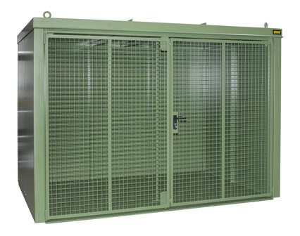 Gasflessen-Container type GFC-B M5 gelakt - ca. 3120x2215x2295 mm (lxbxh)/afsluitbare vleugeldeur van draadgaas/opslag voor buiten/max. 95 gasflessen &Oslash; 230 mm/traanplaatbodem