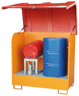 Depot gevaarlijke stoffen type GD-B - ca. 1460x830x1460 mm (lxbxh)/opvangvolume 254 liter/max. 2 vaten van 200 liter/verzinkt rooster (draagkracht 1000 kg/m&sup2;)/spatbeschermwanden