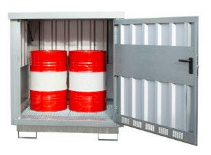 Depot gevaarlijke stoffen type GD-E 2 - ca. 1535x1290x1730 mm (lxbxh)/opvangvolume 248 liter/max. 2 vaten van 200 liter/verzinkt rooster (draagkracht 1000 kg/m&sup2;)/binnen en buiten
