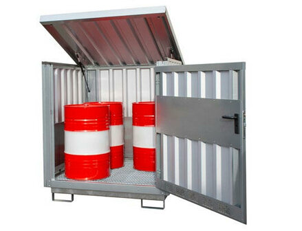 Depot gevaarlijke stoffen type GD-E 4 - ca. 1535x1590x1710 mm (lxbxh)/opvangvolume 284 liter/max. 4 vaten van 200 liter/verzinkt rooster (draagkracht 1000 kg/m&sup2;)/binnen en buiten
