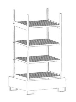 Basisrek voor kleine blikken type 3021-4E verzinkt - ca. 1200x800x2260 mm (bxdxh)/met 4 vakniveaus (4 vuurverzinkte roosterbodems) + verzinkte opvangbak/opvangvolume 1 x 243 liter