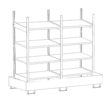 Basis- en aanbouwrek voor kleine blikken type 3024-4E verzinkt - ca. 2400x800x2150 mm (bxdxh)/met 4 vakniveaus (4 verzinkte legborden) + verzinkte opvangbak/opvangvolume 1 x 279 liter