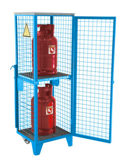 Gasflessen-Depot type GFD-R 2 - ca. 575x500x1580 mm (lxbxh)/1 deur/max. 2 gasflessen van 11 kg/deur en wanden met draadgaas/met 2 zwenkbare buisgrepen en 2 wielen