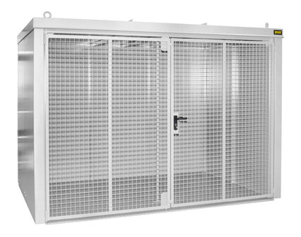 Gasflessen-Container type GFC-B M4 gelakt - ca. 3120x1610x2295 mm (lxbxh)/afsluitbare vleugeldeur van draadgaas/opslag voor buiten/max. 60 gasflessen &Oslash; 230 mm/traanplaatbodem