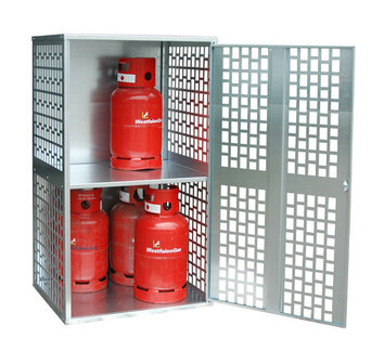 Gasflessen-Depot type GFD-L 1 verzinkt - ca. 840x690x1475 mm (lxbxh)/1 opengewerkte deur/max. 10 gasflessen van 11 kg/verzinkt plaatstaal/met cilinderslot