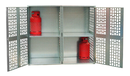 Gasflessen-Depot type GFD-L 2 verzinkt - ca. 1680x690x1475 mm (lxbxh)/2 opengewerkte deuren/max. 20 gasflessen van 11 kg/verzinkt plaatstaal/met cilinderslot