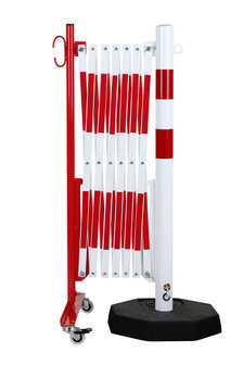 Schaarhek met afzetpaal 70-75 van staal/hoogte 1050 mm/met verrijdbare voetplaat/buisdiameter 60 mm/rood-wit met aan beide zijden reflecterende gevarenmarkering/lengte uittrekbaar tot 3600 mm