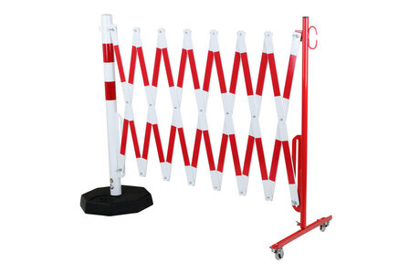 Schaarhek met afzetpaal 70-80 van staal/hoogte 1050 mm/met verrijdbare voetplaat/buisdiameter 60 mm/rood-wit met aan beide zijden reflecterende gevarenmarkering/lengte uittrekbaar tot 4000 mm