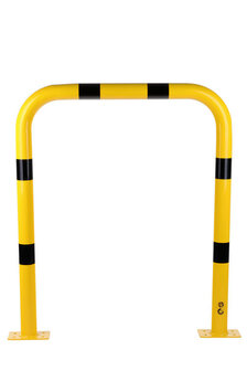 Stalen beschermbeugel 30-70 voor vloermontage/hoogte 1200 mm/breedte 1000 mm/diameter 76 mm/voetplaat 120x195 mm/geel-zwart