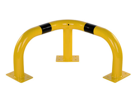 Stalen hoekbeschermbeugel 40-10 voor vloermontage/hoogte 350 mm/lengte 600 mm/diameter 76 mm/voetplaat 120x195 mm/geel-zwart