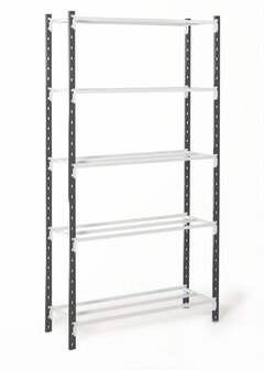 Basisset legbordstelling Flip - ca. 2000x1000x366 mm/5  niveaus met buislegborden/170 kg/leverbaar in diverse RAL kleuren