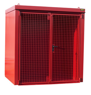 Gasflessen-Container type GFC-B M2 gelakt - ca. 2125x1610x2265 mm (lxbxh)/afsluitbare vleugeldeur van draadgaas/opslag voor buiten/max. 40 gasflessen &Oslash; 230 mm/traanplaatbodem