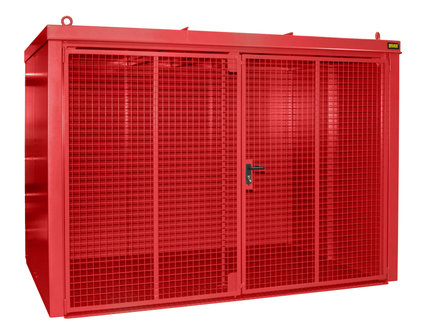 Gasflessen-Container type GFC-B M5 gelakt - ca. 3120x2215x2295 mm (lxbxh)/afsluitbare vleugeldeur van draadgaas/opslag voor buiten/max. 95 gasflessen &Oslash; 230 mm/traanplaatbodem