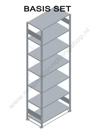 13132-B-Basisset legbordstelling - ca. 3000x1000x300mm/7 legborden/RAL5010 blauw+sendzimir verzinkt/85kg/kruisschoor